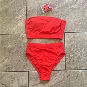 Xhilaration Bright Red Ribbed Bandeau Bikini Set